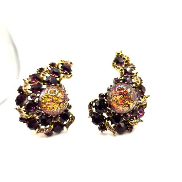 VTG Signed HOLLYCRAFT Dragon's Breath Art Glass Earrings – Victorian Revival 2" - Picture 3 of 8